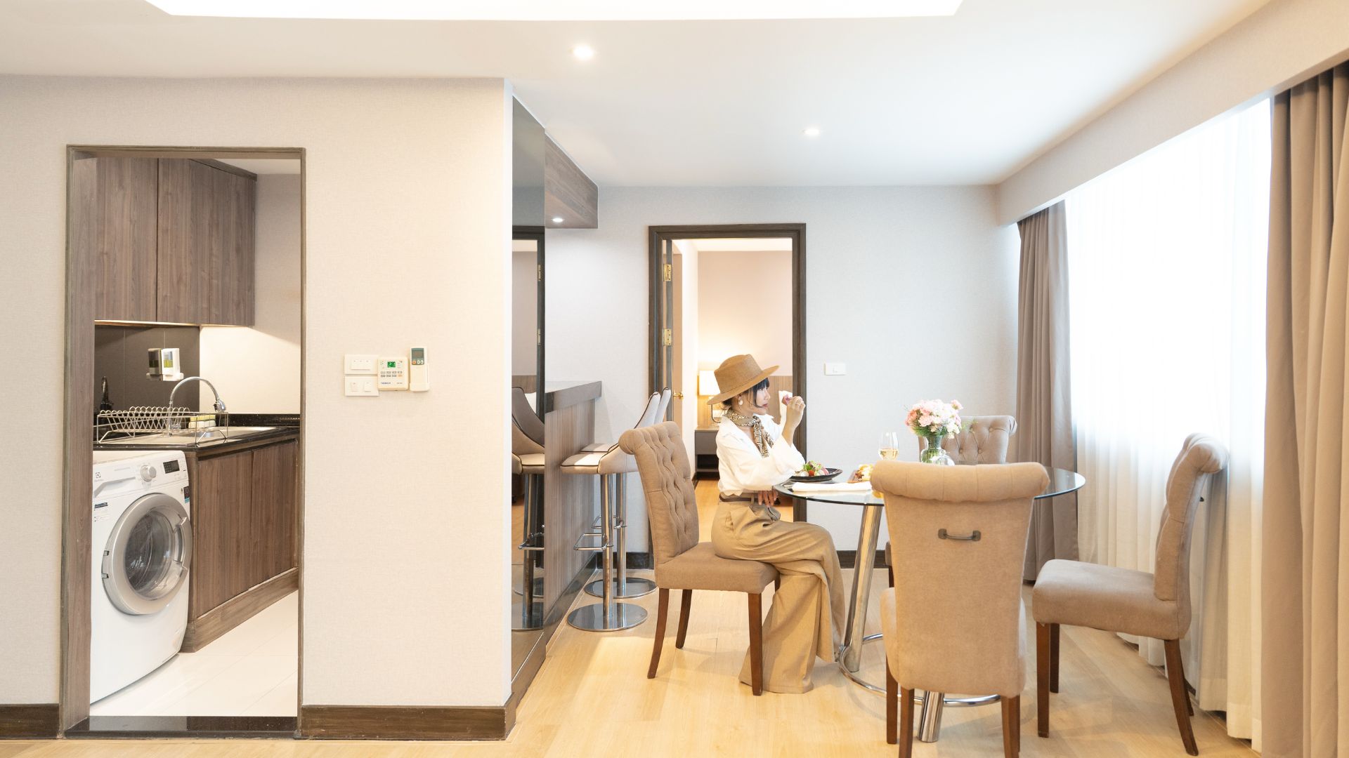 Spacious serviced apartment with city views at Rembrandt Residences Bangkok, ideal for digital nomads and extended stays.